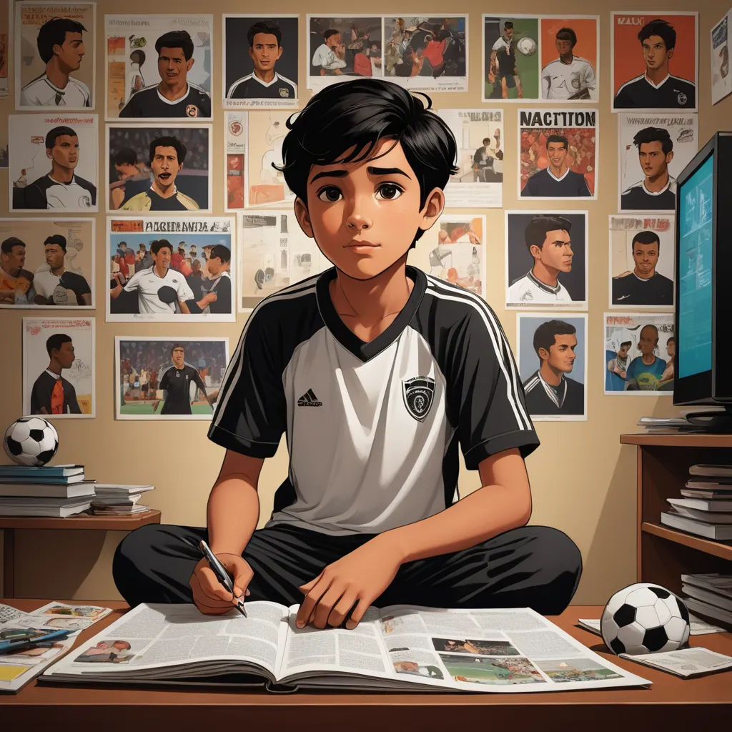 a boy sitting on a desk with a soccer ball in front of him and a book in front of him, fantastic realism, a storybook illustration, Fathi Hassan, graphic novel