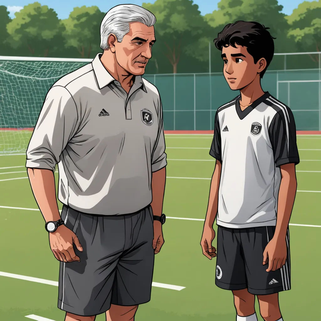 a man standing next to a boy on a soccer field with a ball in his hand and a net behind him, realism, concept art, Bernie D’Andrea, animated