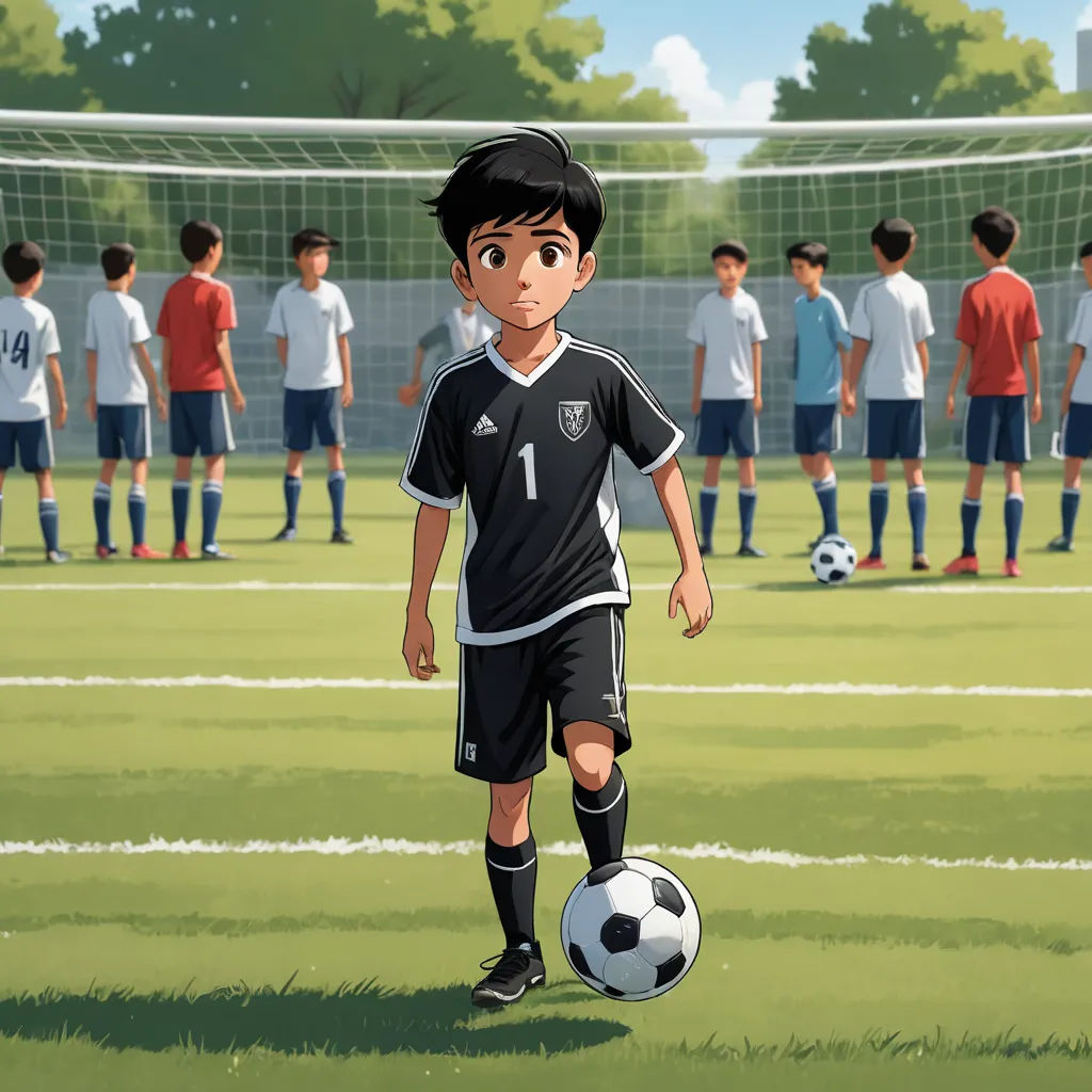 a boy in a soccer uniform is playing soccer with a group of other boys in the background watching him, dau-al-set, a storybook illustration, Choi Buk, official art