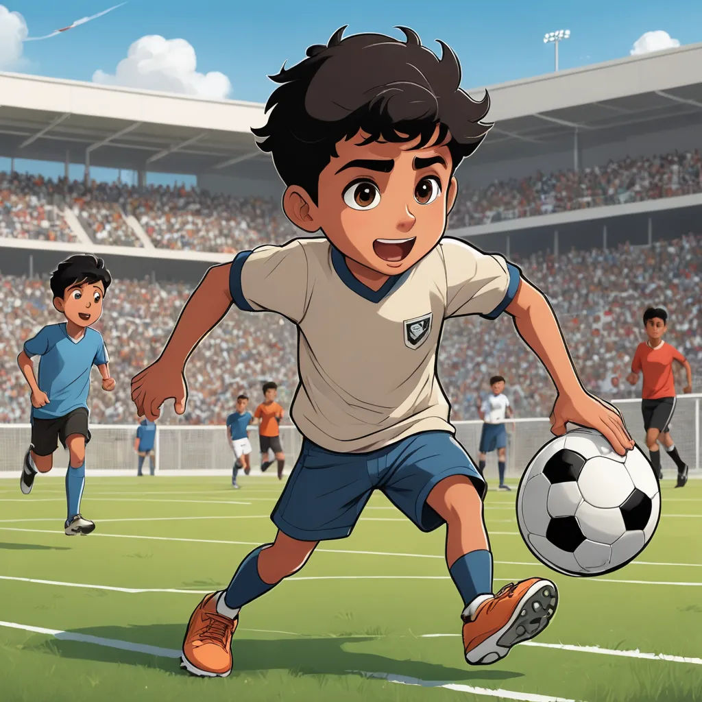a cartoon boy playing soccer in a stadium with a ball in his hand and a crowd of people watching, hurufiyya, a comic book panel, Fathi Hassan, official art