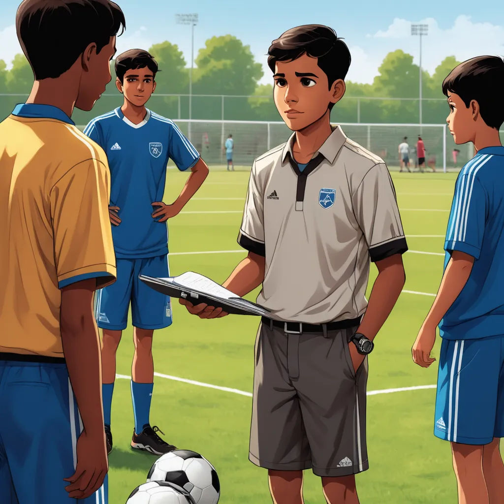 a cartoon of a soccer player talking to his team mates on a soccer field with a soccer ball in the background, samikshavad, a storybook illustration, Bhupen Khakhar, graphic novel