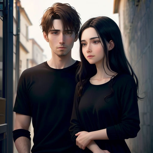 a man and a woman standing next to each other in front of a building with a window and a door