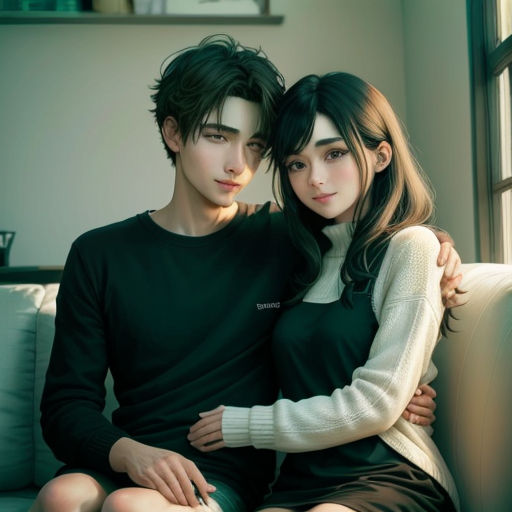 a couple of people sitting on a couch together in a room with a window behind them and a couch