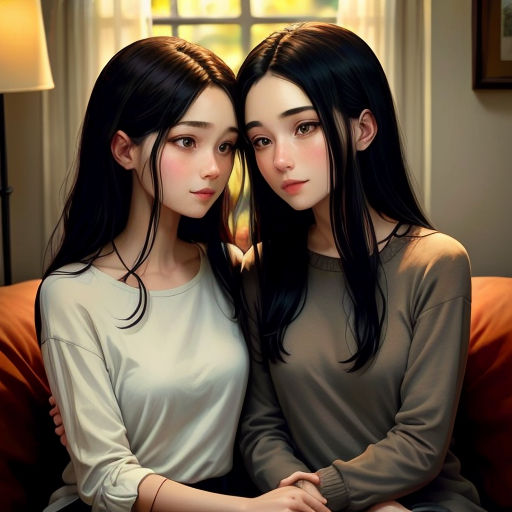 two women sitting on a couch next to each other in front of a window with a lamp on it