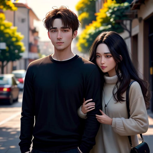 a young man and woman standing next to each other on a street corner with cars parked on the side of the road
