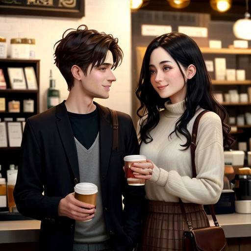 a man and a woman standing next to each other holding cups of coffee in front of a counter with shelves of bottles