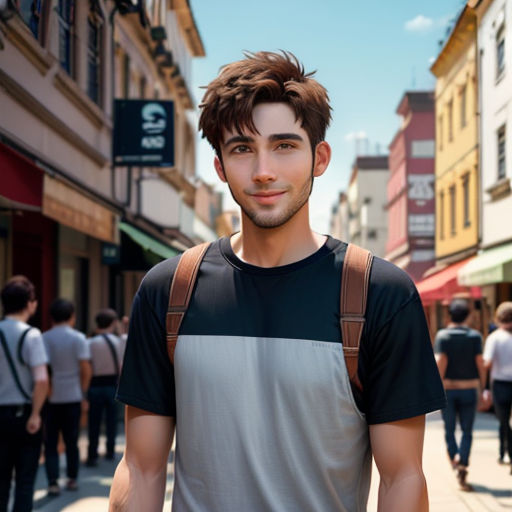 a man with a backpack on a city street with people walking by him and a woman walking down the street