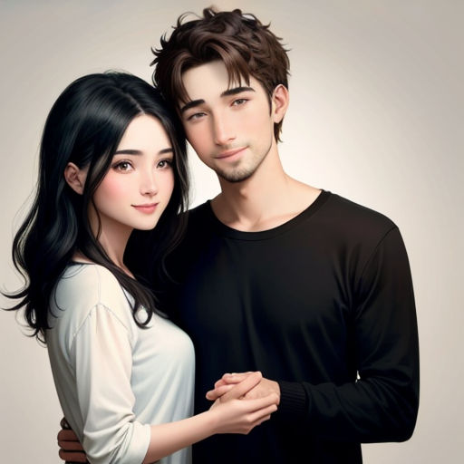 a man and a woman are posing for a picture together, the woman is holding the man's shoulder