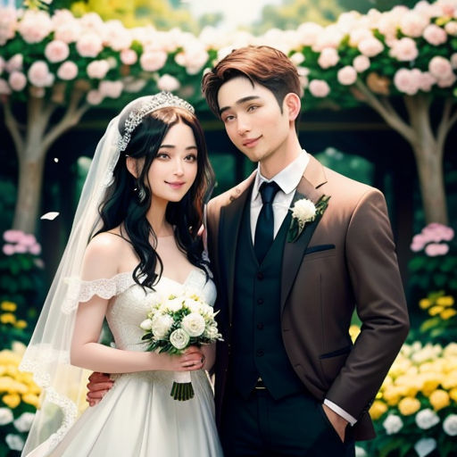 a young couple posing for a picture in front of a flower garden with a bride in a wedding dress