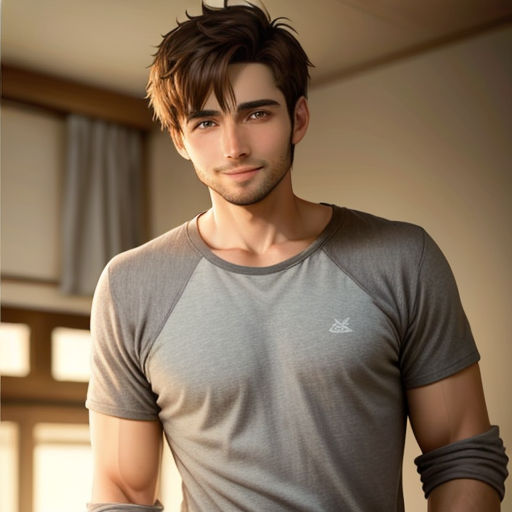 a man with a grey shirt and a black tie standing in a room with a window and curtains behind him