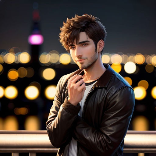 a man in a leather jacket standing in front of a city skyline at night with his hands on his chest