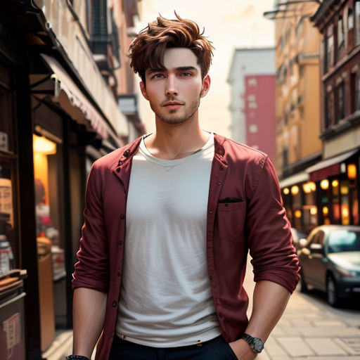 a man standing on a sidewalk in front of a building wearing a red jacket and white shirt and black pants