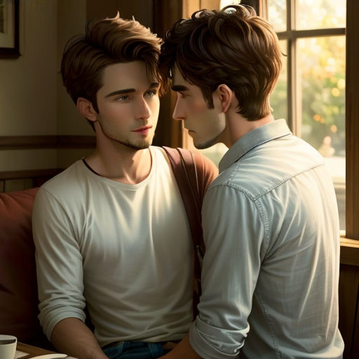 two men sitting next to each other in a room with a window and a cup of coffee on the table