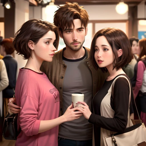 a man and two women standing next to each other holding a cup of coffee in a crowded room with people