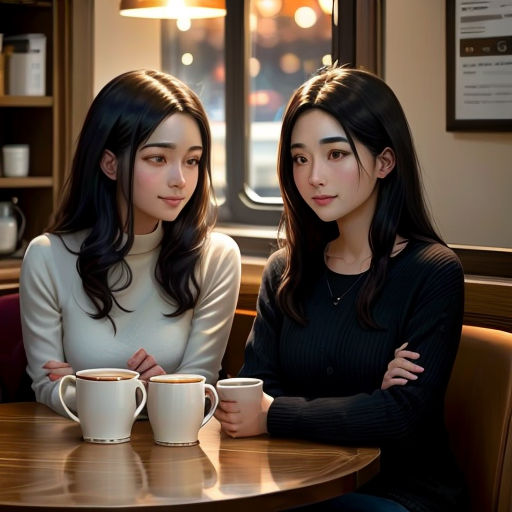 two women sitting at a table with cups of coffee in front of them, one of them is looking at the camera