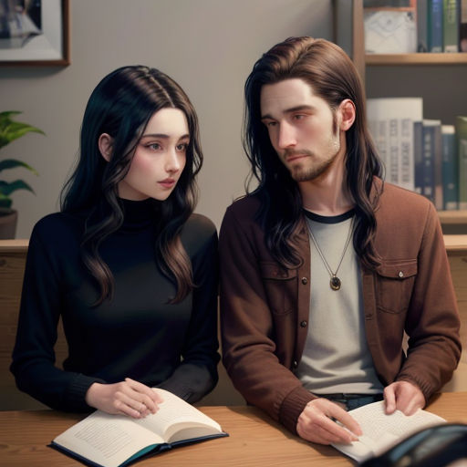 a man and a woman sitting at a table with a book in front of them and a book in front of them