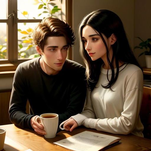 a man and a woman sitting at a table with a book and a cup of coffee in front of them