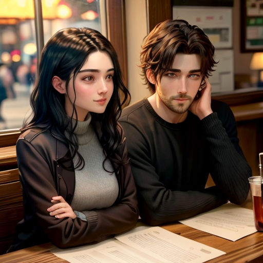 a man and a woman sitting at a table with drinks in front of them, looking at each other