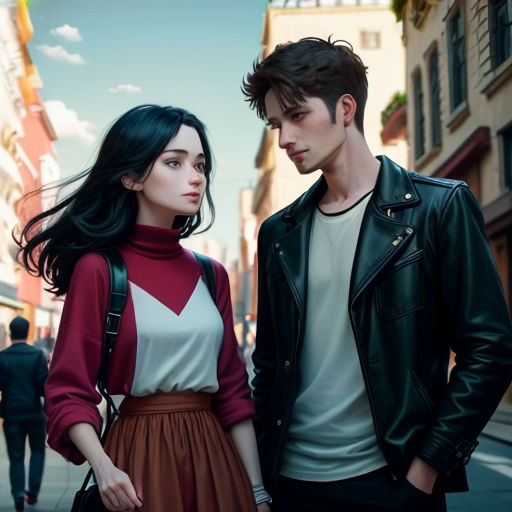 a man and a woman standing next to each other on a street corner with buildings in the background and a man in a black jacket and a red dress