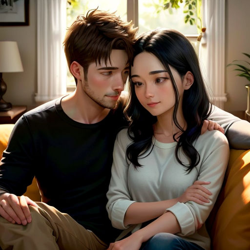 a man and a woman sitting on a couch together, looking at each other's eyes and smiling