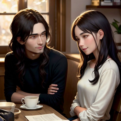 a man and a woman sitting at a table with a cup of coffee in front of them, looking at each other