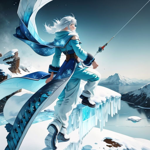 a woman in a blue outfit holding a sword on a snowy mountain top with a lake in the background