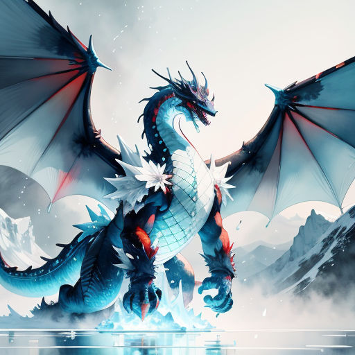 a dragon with wings and a tail is standing on a body of water with a mountain in the background