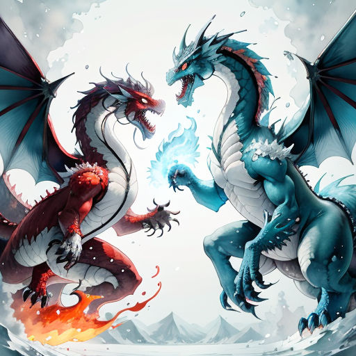 two dragon fighting over a fire in the ocean with mountains in the background and snow on the ground behind them