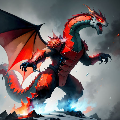 a red dragon with a black head and tail is standing on a rock with a flame in its mouth