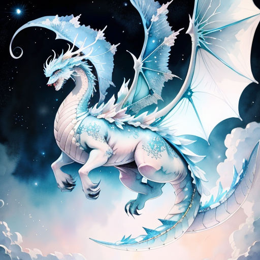 a white dragon flying through the sky with clouds and stars in the background, with a blue tail and wings