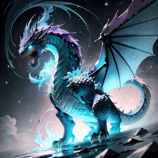 a blue dragon with a purple tail and wings on a dark background with stars and clouds in the sky
