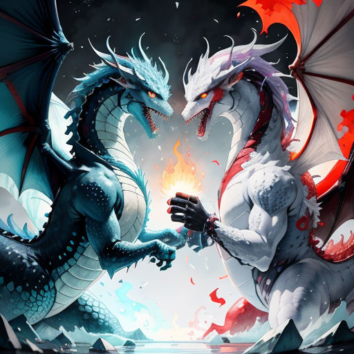two dragon fighting over a fire in the ocean with water and rocks in the background, with a red and white dragon on the right side