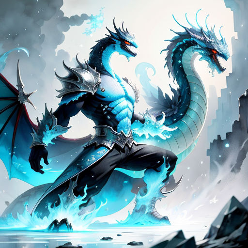 a blue dragon with a black suit and a sword on its back, standing on a rock in the water