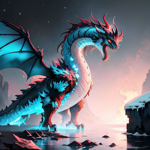 a dragon with red and blue wings standing on a rock in the water with a mountain in the background