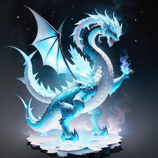 a blue dragon statue on a pedestal in the dark sky with stars and clouds around it, with a glowing tail and wings
