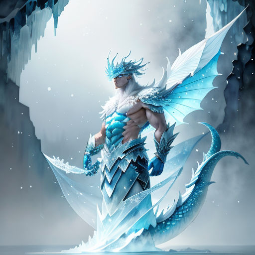 a man with a blue dragon costume standing in front of a cave with ice formations on it's walls