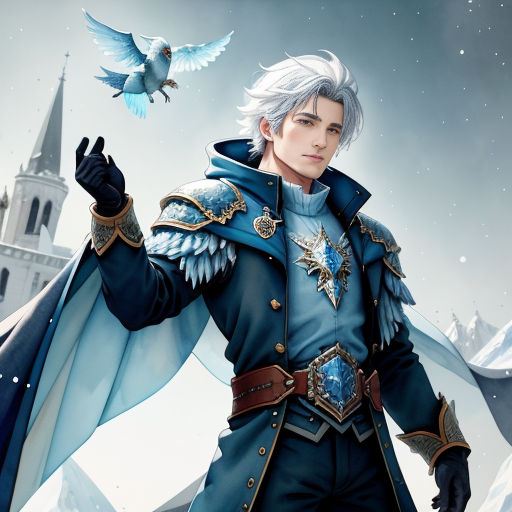 a man in a blue outfit holding a bird in his hand and a castle in the background with a bird flying above him
