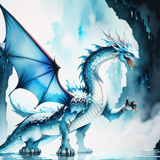 a blue dragon with red wings is standing in the water with a castle in the background and clouds in the sky