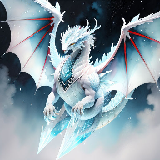 a white dragon with red wings is flying through the sky with a red tail and tail, and a white body, with a red tip, and blue tail, and white wings, and