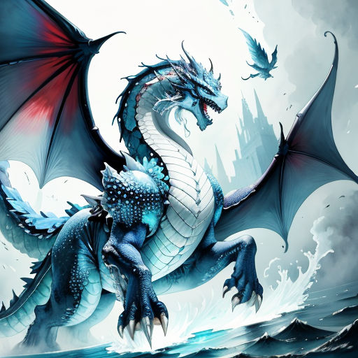 a blue dragon with red wings flying over water with a castle in the background and a full moon in the sky