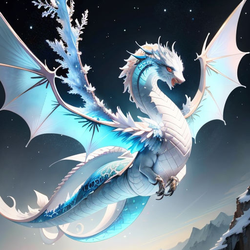 a white dragon with blue wings flying through the air over a mountain range at night with stars in the sky