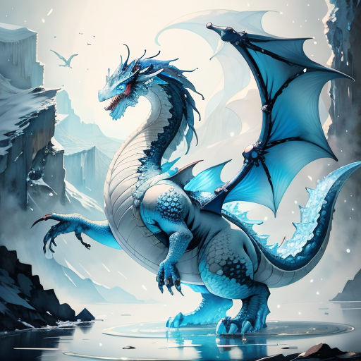 a blue dragon is standing on a rock in the water and it's wings are spread out, and its head is down