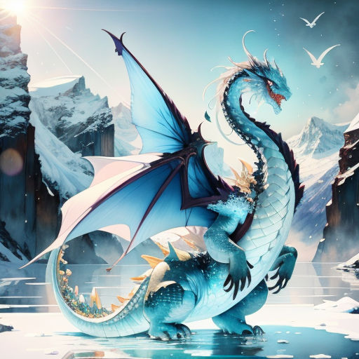 a blue dragon sitting on top of a lake next to a mountain range with a bird flying above it
