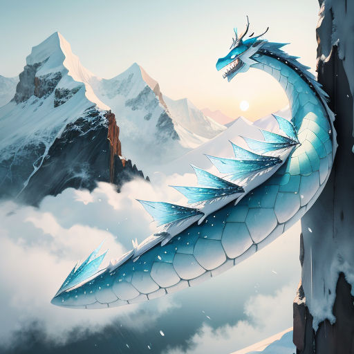 a blue dragon is perched on a tall pillar in the sky above a mountain range with snow on it