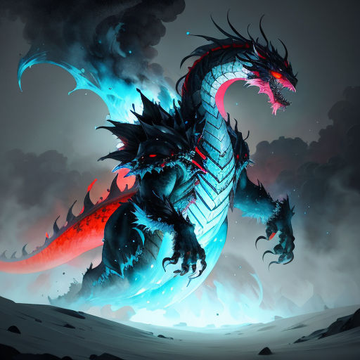 a dragon with red and blue flames on its back and wings, standing in a dark, cloudy sky