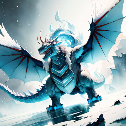 a blue dragon with white wings standing on a rock in the water with a sky background and clouds in the background