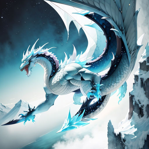 a dragon with a long tail is flying over a mountain range in the night sky with stars and clouds