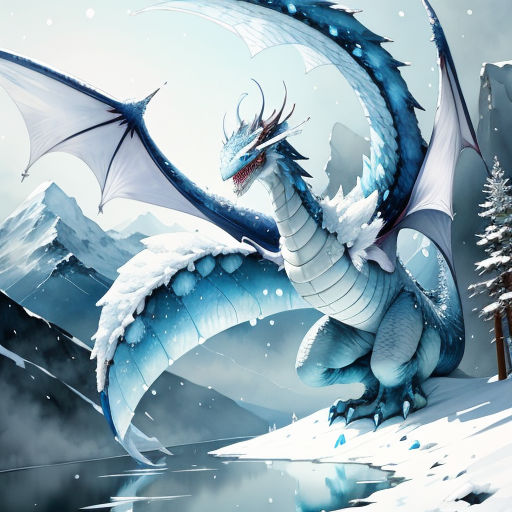 a blue dragon with white wings is sitting on a snowy hill with a pine tree in the background and a mountain in the background