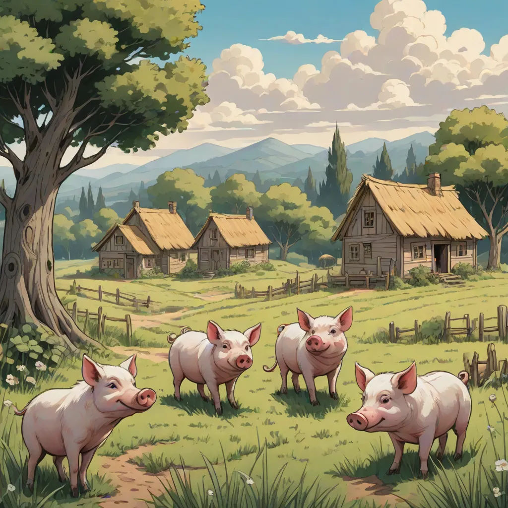 a group of pigs standing in a field next to a tree and a house with a thatched roof, a storybook illustration, Dan Mumford, fantasy art, 2 d game art