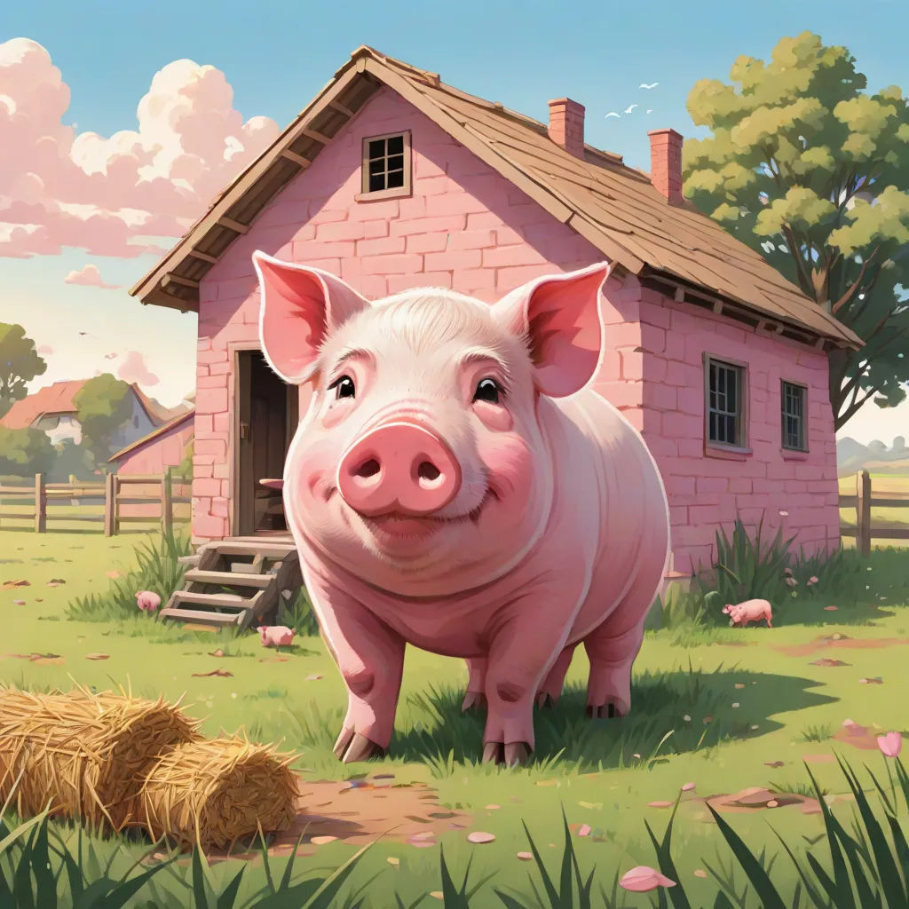 a pig standing in front of a pink house with hay in front of it and a pink pig standing in front of a pink house, a storybook illustration, Chris LaBrooy, american scene painting, official art